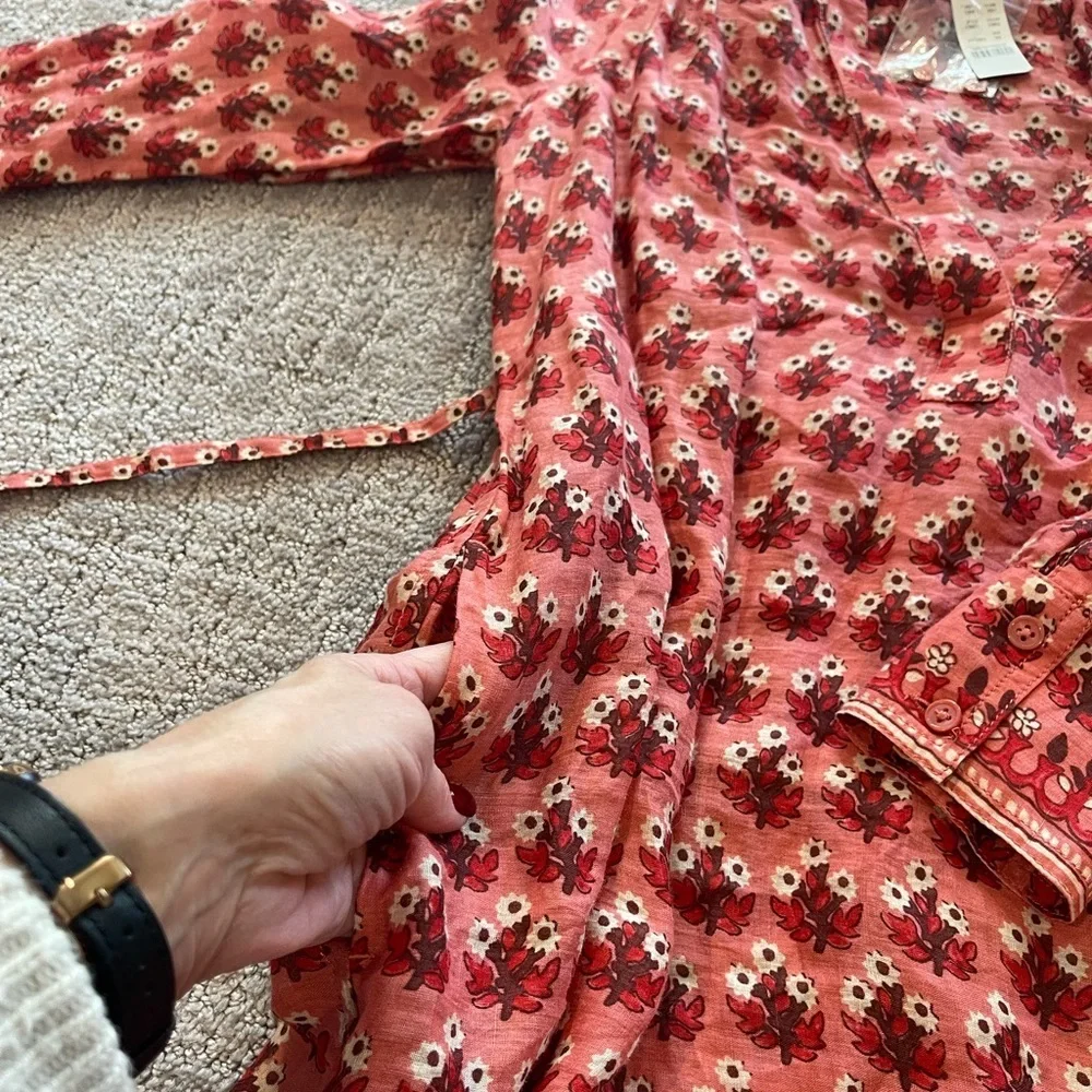 NWT J. Crew Red/Pink Floral Cabana Mini Dress, Long Sleeve, 100% Ramie, XS